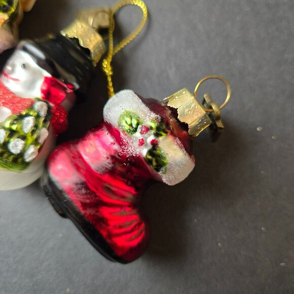 Lot Of 3 Glass Christmas Ornaments 2" Snowman Puppy In Stocking Red Boot Glitter - Picture 2 of 6